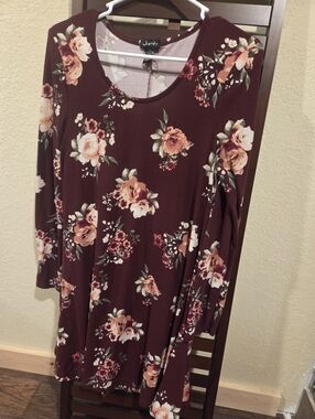 Justify Floral Swing Dress - Burgundy with Peach and Cream Blooms